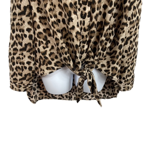 ODDI Leopard Print High-Low Tie Front Top Blouse M Tan Brown Roll Tab Sleeve - Picture 3 of 8